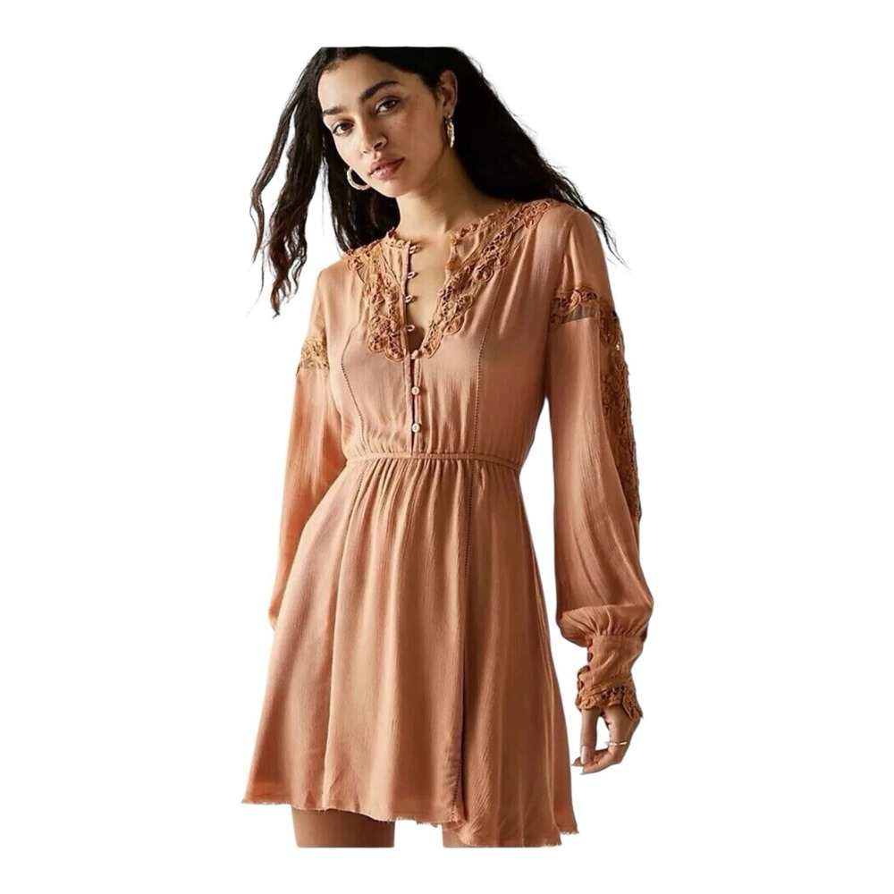 Free People Paige Mini Dress Flowy‎ Crochet Lace Coral Sands Floral S